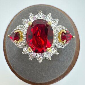 Gold Plated Red & White Gemstone Prong Set Fashion Statement Ring Size 7